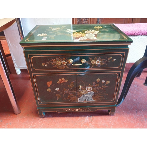 Green Lacquered Oriental Two Door, Single Drawer Cabinet - approx 62cm ...