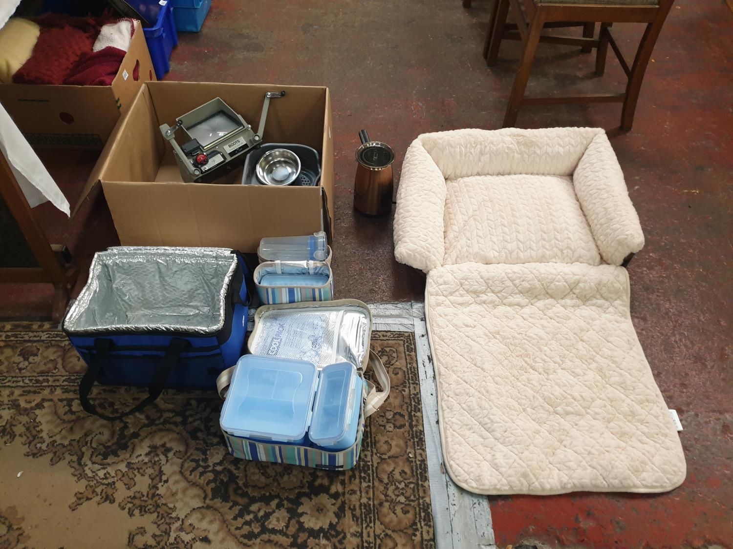 Box of Pet Accessories to Include Dog Bed, Water Bowl etc.