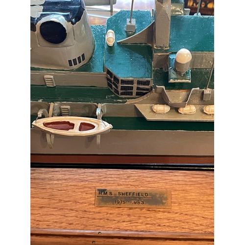 32 - Battleship working model  with motor. and display case handmade.HMS Sheffield 