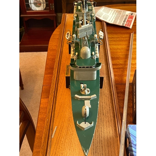 32 - Battleship working model  with motor. and display case handmade.HMS Sheffield 