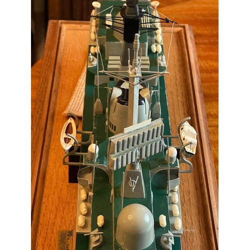 32 - Battleship working model  with motor. and display case handmade.HMS Sheffield 