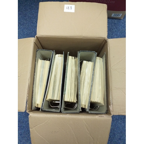 123 - Box containing a Rest of the World Collection in 5 x Lever Arch files, mostly used.  Many, many hund... 