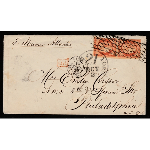 372 - 1852 cover with pair yt5 40c deep orange - Various cancels Per Steamer Atlantic