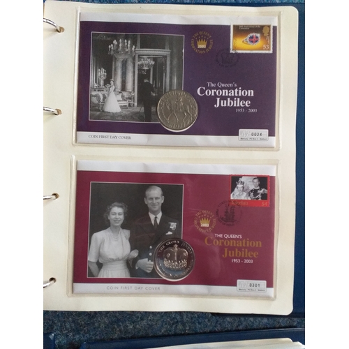 63 - 2003 Queens Coronation Jubilee Collection in 5 Albums: 1st contains 34 Benham Silk commemoration cov... 