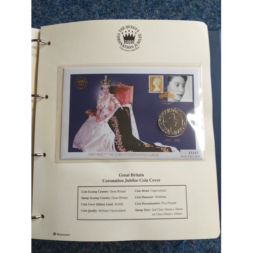 63 - 2003 Queens Coronation Jubilee Collection in 5 Albums: 1st contains 34 Benham Silk commemoration cov... 