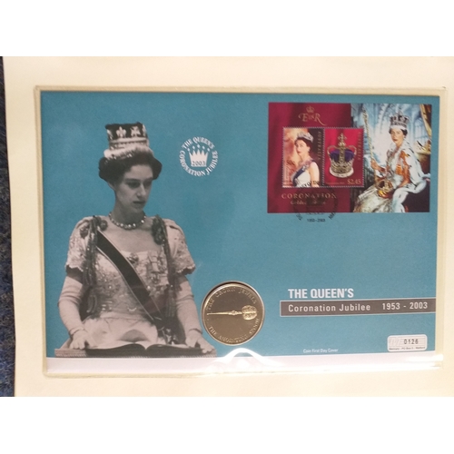 63 - 2003 Queens Coronation Jubilee Collection in 5 Albums: 1st contains 34 Benham Silk commemoration cov... 