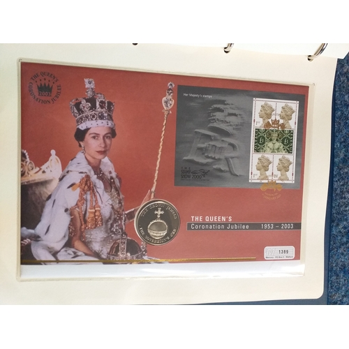 63 - 2003 Queens Coronation Jubilee Collection in 5 Albums: 1st contains 34 Benham Silk commemoration cov... 