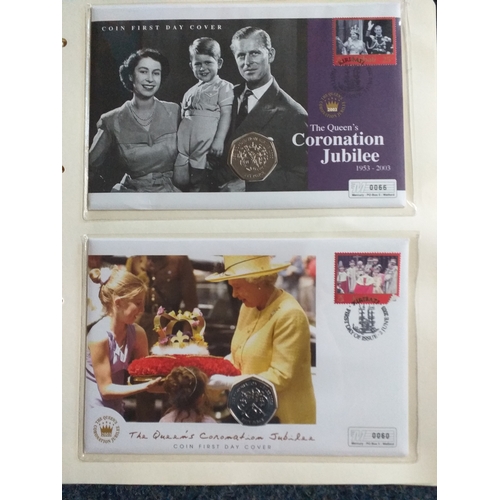 63 - 2003 Queens Coronation Jubilee Collection in 5 Albums: 1st contains 34 Benham Silk commemoration cov... 