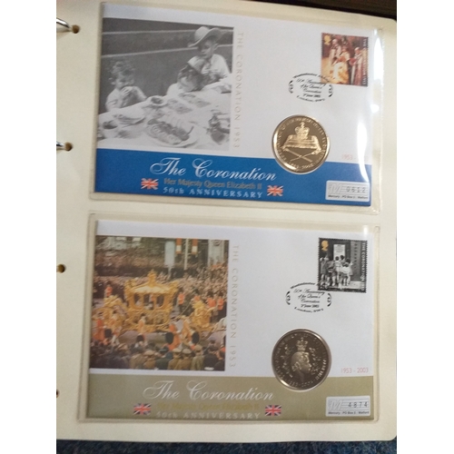 63 - 2003 Queens Coronation Jubilee Collection in 5 Albums: 1st contains 34 Benham Silk commemoration cov... 