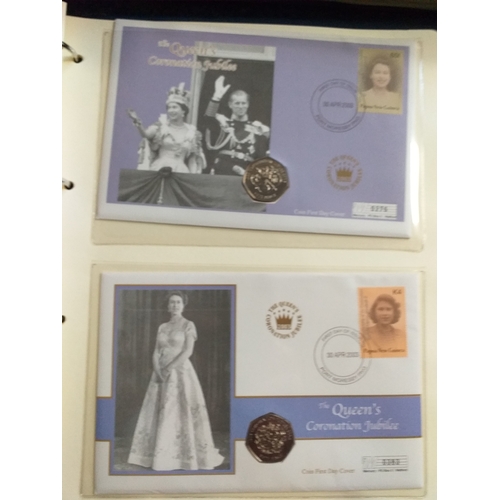 63 - 2003 Queens Coronation Jubilee Collection in 5 Albums: 1st contains 34 Benham Silk commemoration cov... 