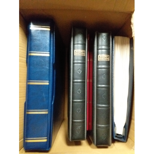 41 - Box with 5 ring binders containing a range of thematic collections including 3 railway heritage, fla... 