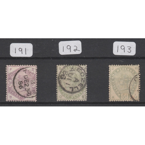 492 - 1884 SG 191 3d Lilac Fine used cat £100, SG 192 4d Dull green Fine used Cat £210, SG 193 5d Dull Gre... 