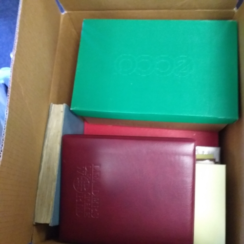 57 - Box of miscellaneous items including Royal Mail Stamp Album (circa 1940's), Whitby multi-ring album ... 