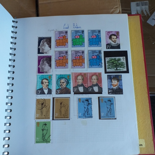 57 - Box of miscellaneous items including Royal Mail Stamp Album (circa 1940's), Whitby multi-ring album ... 