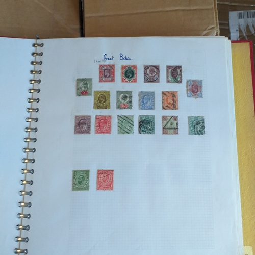 57 - Box of miscellaneous items including Royal Mail Stamp Album (circa 1940's), Whitby multi-ring album ... 
