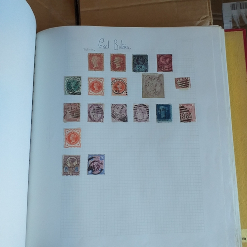 57 - Box of miscellaneous items including Royal Mail Stamp Album (circa 1940's), Whitby multi-ring album ... 