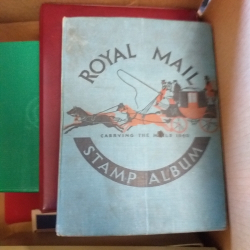 57 - Box of miscellaneous items including Royal Mail Stamp Album (circa 1940's), Whitby multi-ring album ... 