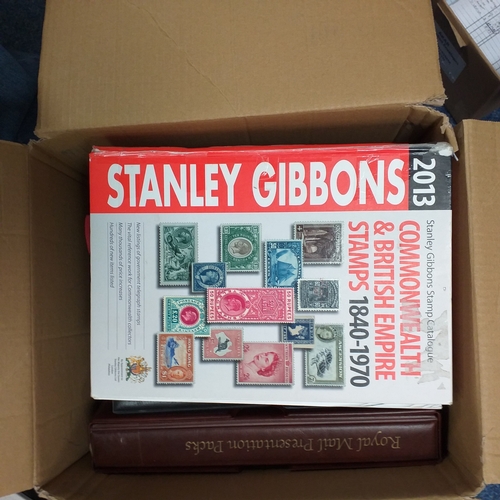 113 - Box of empty albums etc - 4 x small FD, 2 x Royal Mail Presentation Pack albums, Windsor album, Red ... 