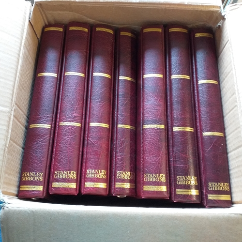 118 - Box contains 7 Stanley Gibbons Maroon 4 Ring Binders ? no leaves.  All in excellent condition.