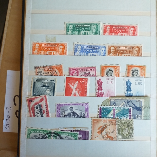 140 - Small 8 page/16 side blue stock book with a selection of odds & sods - early US, GB 2 x embossed iss... 