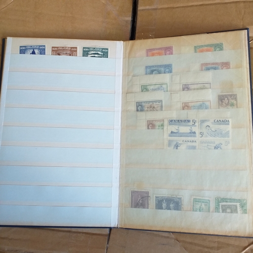 140 - Small 8 page/16 side blue stock book with a selection of odds & sods - early US, GB 2 x embossed iss... 