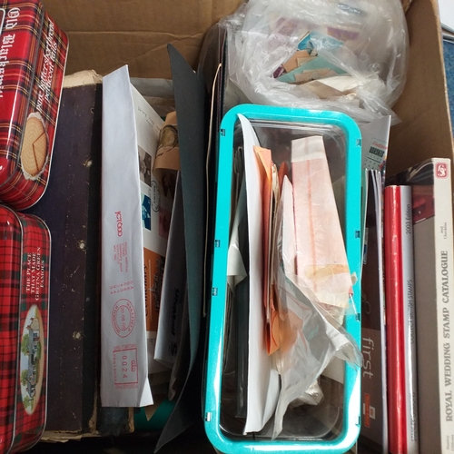 40 - Glory box, Stamps in tins, packets, old albums including GB FDC collection in Royal Mail album (1960... 