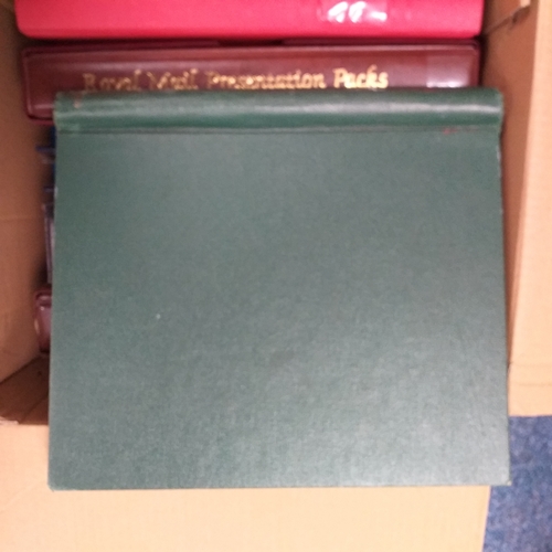 113 - Box of empty albums etc - 4 x small FD, 2 x Royal Mail Presentation Pack albums, Windsor album, Red ... 