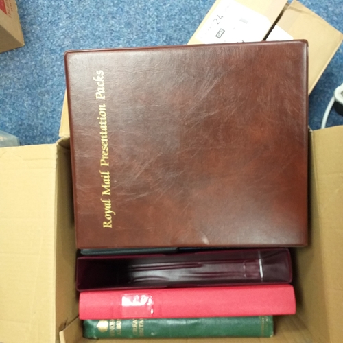 113 - Box of empty albums etc - 4 x small FD, 2 x Royal Mail Presentation Pack albums, Windsor album, Red ... 