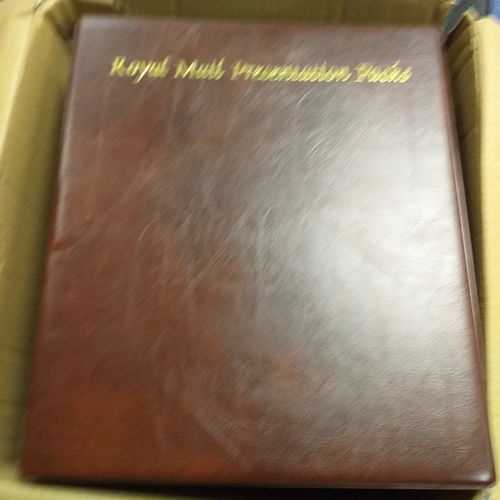 113 - Box of empty albums etc - 4 x small FD, 2 x Royal Mail Presentation Pack albums, Windsor album, Red ... 