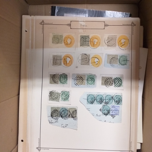 1 - Box containing a huge selection of stamps on leaves and album pages, collections a number of which a... 