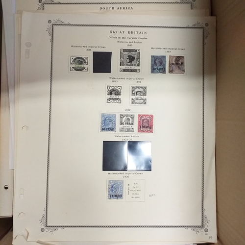 1 - Box containing a huge selection of stamps on leaves and album pages, collections a number of which a... 