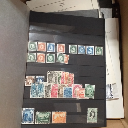 1 - Box containing a huge selection of stamps on leaves and album pages, collections a number of which a... 
