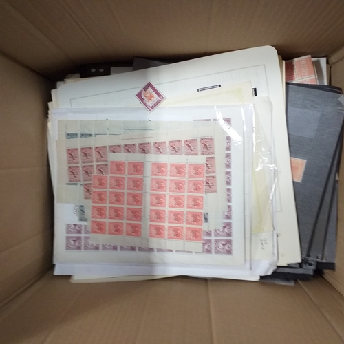 1 - Box containing a huge selection of stamps on leaves and album pages, collections a number of which a... 