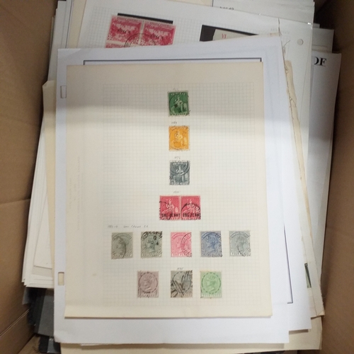 1 - Box containing a huge selection of stamps on leaves and album pages, collections a number of which a... 