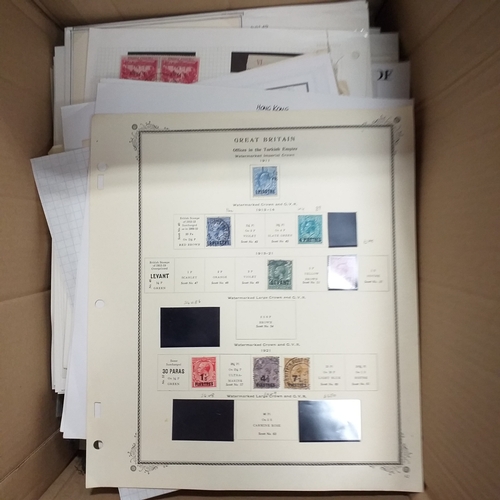 1 - Box containing a huge selection of stamps on leaves and album pages, collections a number of which a... 