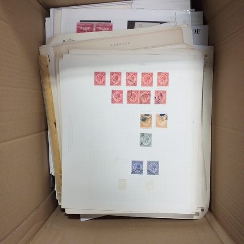 1 - Box containing a huge selection of stamps on leaves and album pages, collections a number of which a... 