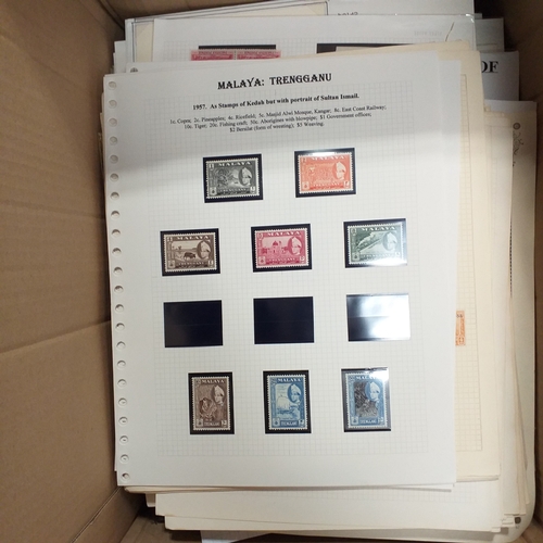 1 - Box containing a huge selection of stamps on leaves and album pages, collections a number of which a... 