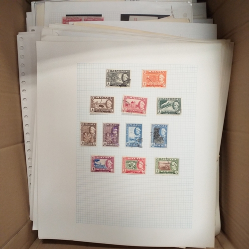 1 - Box containing a huge selection of stamps on leaves and album pages, collections a number of which a... 