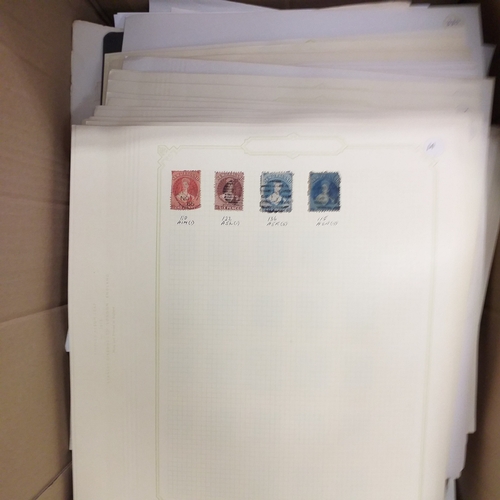1 - Box containing a huge selection of stamps on leaves and album pages, collections a number of which a... 