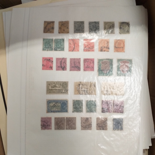 1 - Box containing a huge selection of stamps on leaves and album pages, collections a number of which a... 
