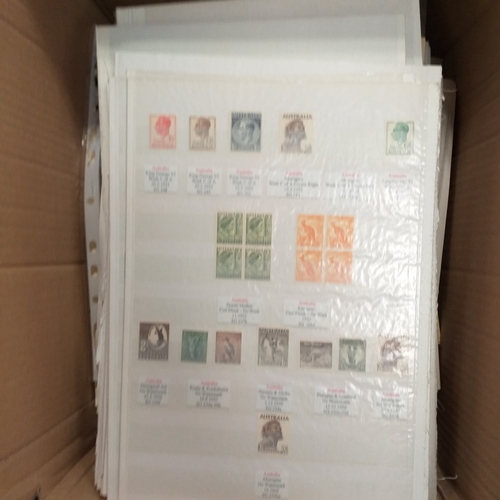 1 - Box containing a huge selection of stamps on leaves and album pages, collections a number of which a... 