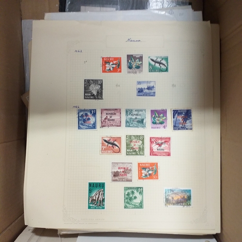 1 - Box containing a huge selection of stamps on leaves and album pages, collections a number of which a... 