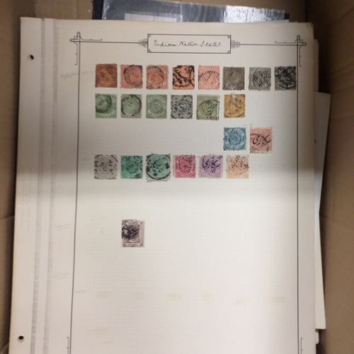 1 - Box containing a huge selection of stamps on leaves and album pages, collections a number of which a... 