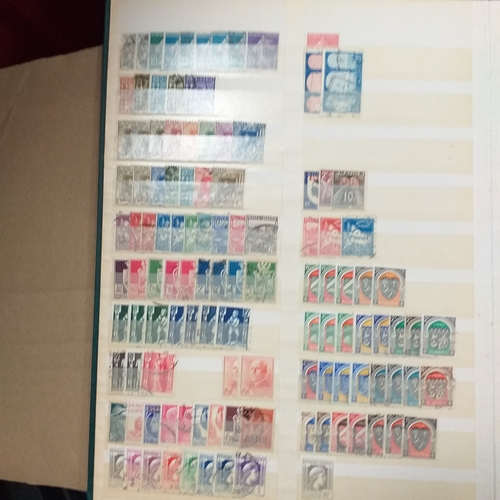 14 - Glory box - albums and stock books, box of loose stamps on/off paper, stock cards etc, empty album a... 