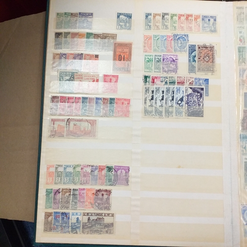 14 - Glory box - albums and stock books, box of loose stamps on/off paper, stock cards etc, empty album a... 
