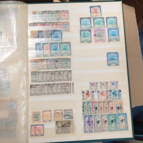14 - Glory box - albums and stock books, box of loose stamps on/off paper, stock cards etc, empty album a... 