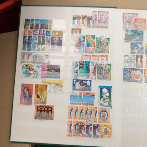 14 - Glory box - albums and stock books, box of loose stamps on/off paper, stock cards etc, empty album a... 