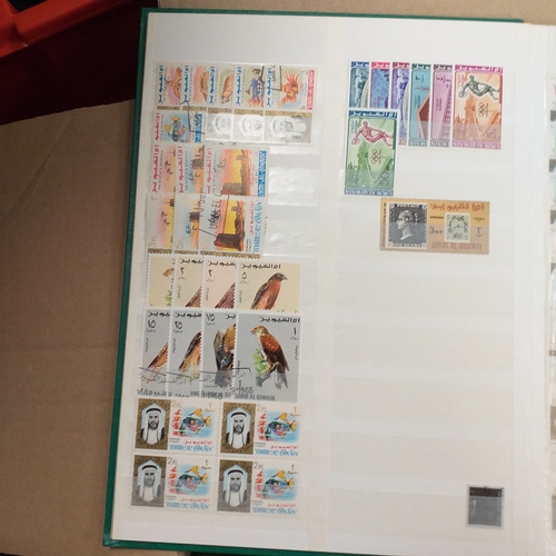 14 - Glory box - albums and stock books, box of loose stamps on/off paper, stock cards etc, empty album a... 