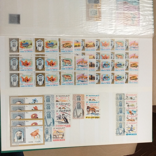 14 - Glory box - albums and stock books, box of loose stamps on/off paper, stock cards etc, empty album a... 