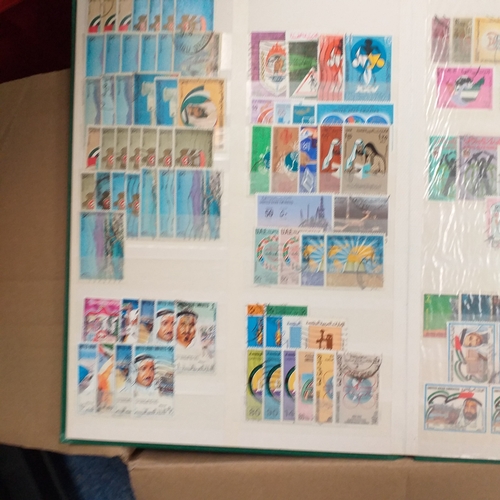 14 - Glory box - albums and stock books, box of loose stamps on/off paper, stock cards etc, empty album a... 